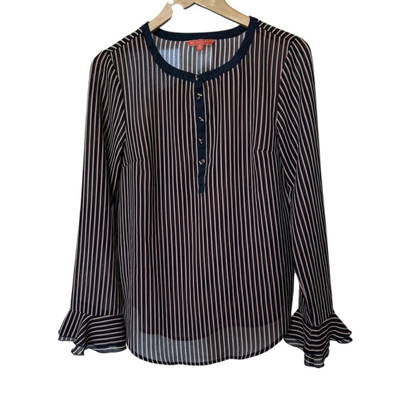 MODCLOTH Women's Striped Blouse M Multicolor Casual Trumpet Ruffle Long Sleeve - Picture 1 of 7